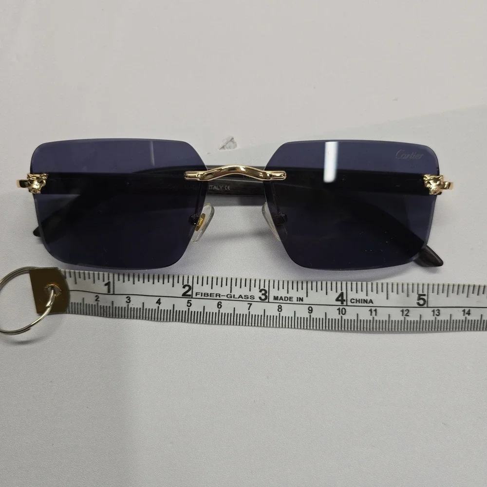Cartier Panthere Rimless Sunglasses Gold Wood Blue Tint CT0065S